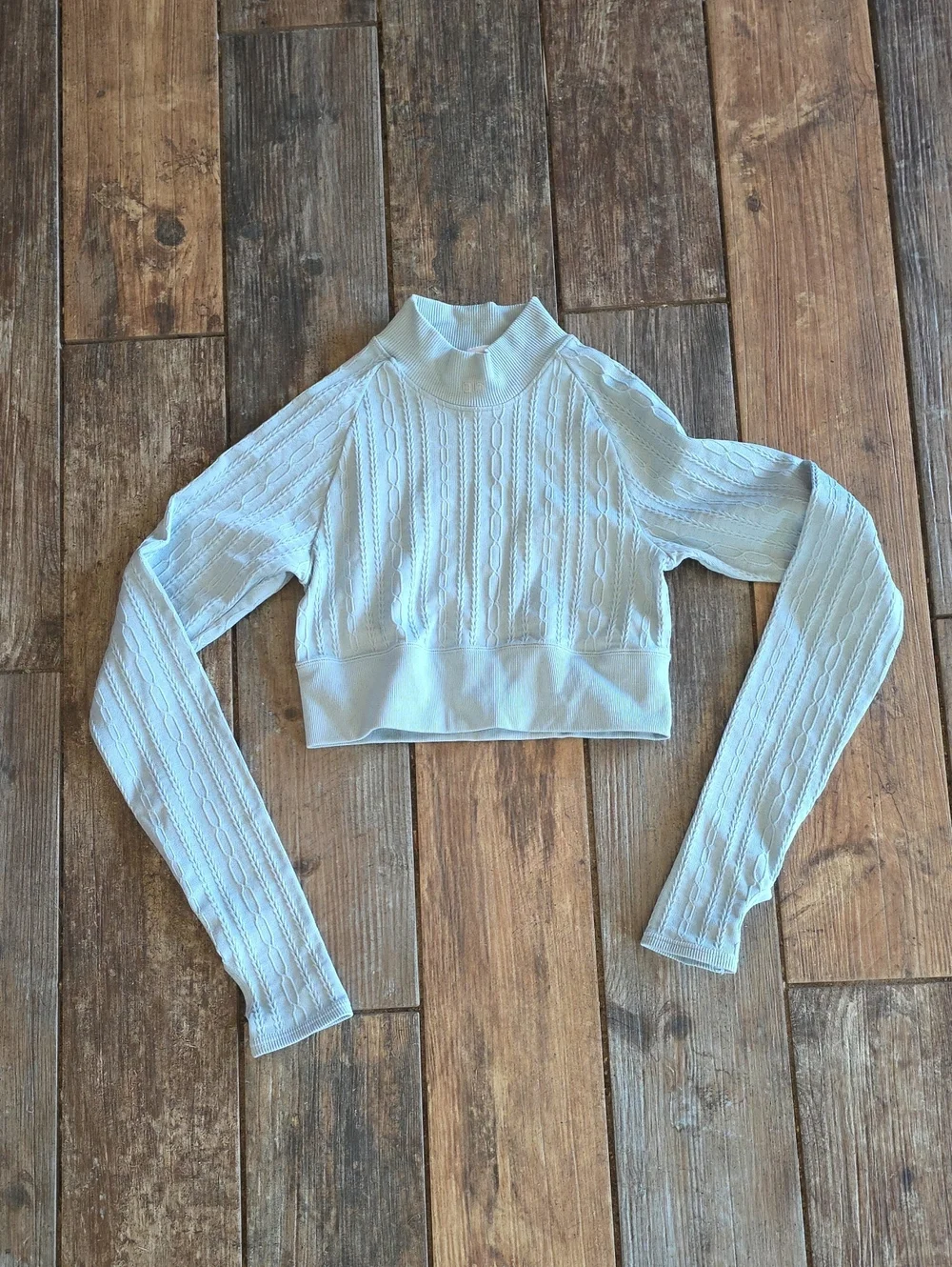 ALO Yoga Pale Blue Cable-Knit Cropped Mock Neck Pullover